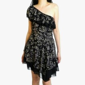 [Cecico] Black and Cream Chiffon Ruffled One Shoulder Asymmetrical Dress Large